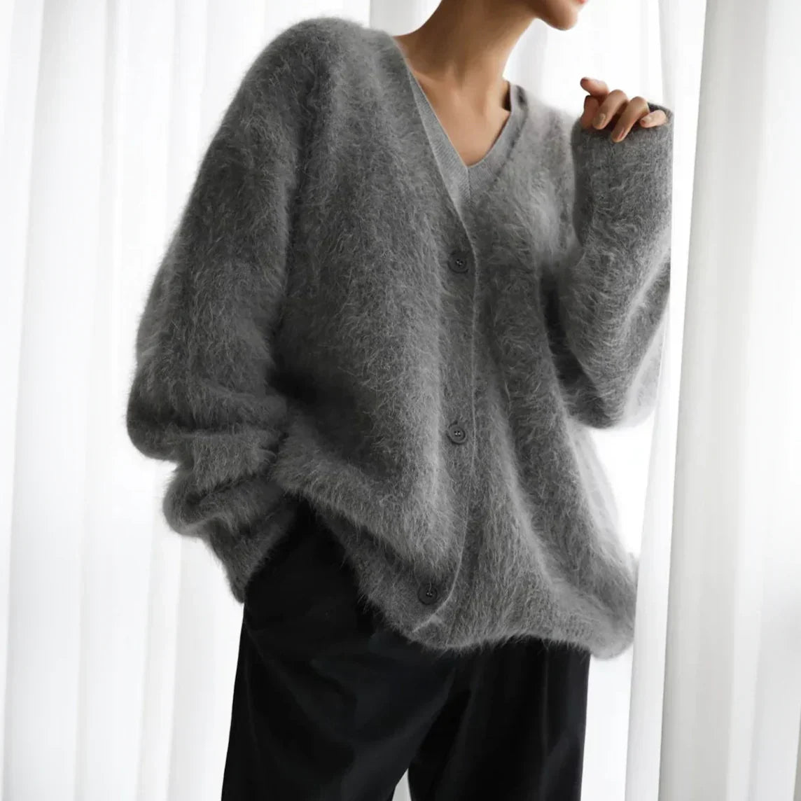 Cora | Button-Front Brushed Knit Cardigan, Oversized V-Neck Cardigan