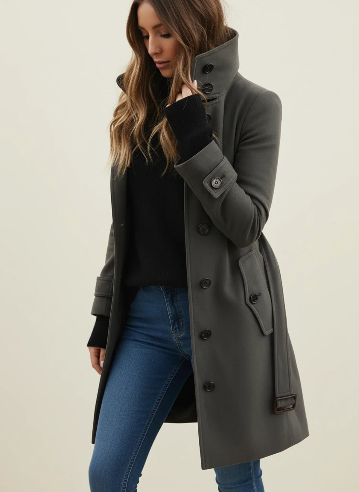 Lila | Double-Breasted Belted Trench Coat, Below-Knee Winter Coat