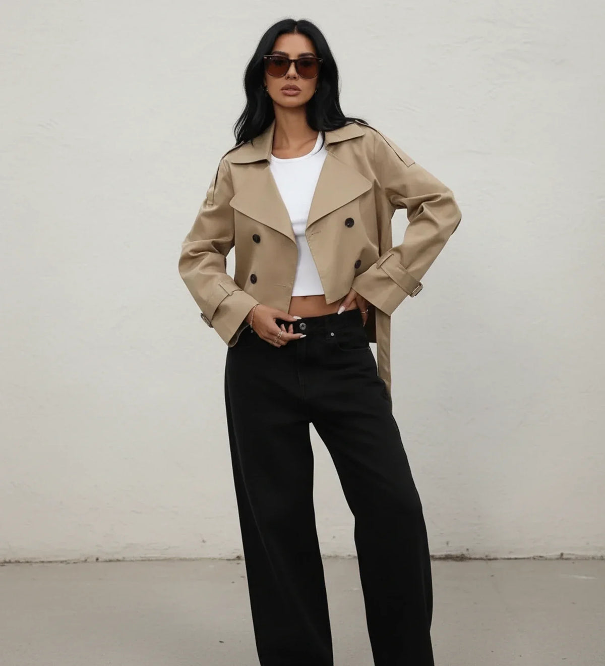 Edith | Cropped Double-Breasted Twill Trench Jacket, Waist-Length Coat