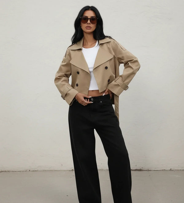 Edith | Cropped Double-Breasted Twill Trench Jacket, Waist-Length Coat