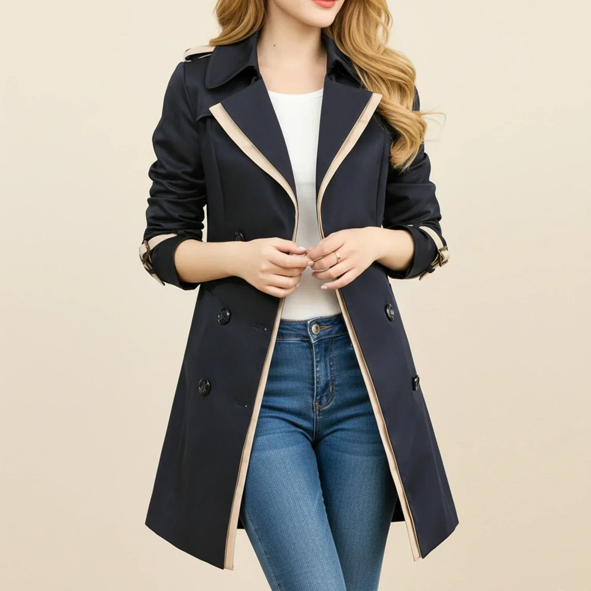 Rachel | Double-Breasted Contrast-Trim Trench Coat, Belted Winter Jacket
