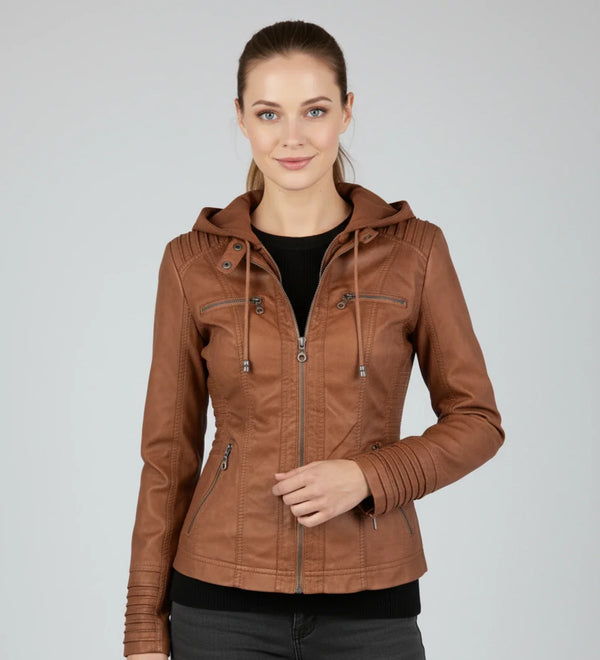 Isla | Fitted Hooded Faux-Leather Jacket, Four-Pocket Zip Front