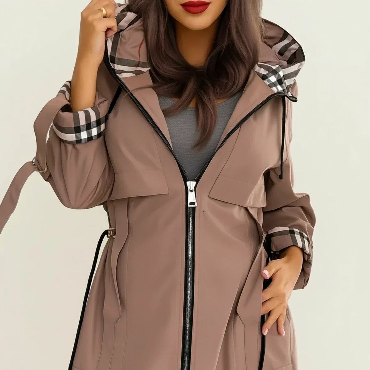 Lila | Hooded Zip-Front Trench Coat, Drawcord-Waist Jacket