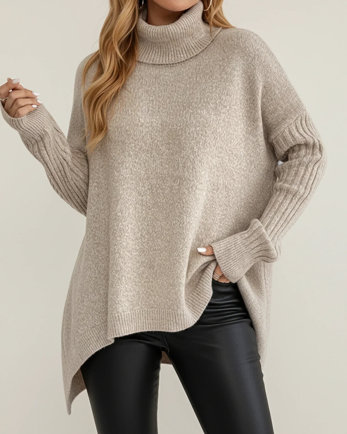 Ella | Oversized Turtleneck Knit Sweater, Longline Split-Hem Tunic